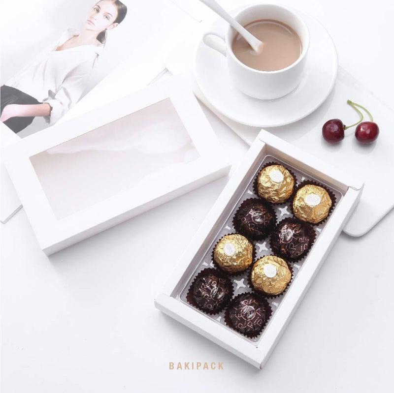 BAKIPACK 20 Truffle Box, Chocolate Box Packaging, Candy Boxes with 8-Piece Plastics Tray (Tray Size with 5.75x2.75 Inches), Pull Out Packing with Clear Window Sleeves, White - Image 2